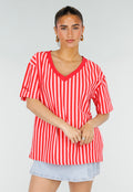 Roze Rode Gestreepte Oversized T-shirt met V-hals