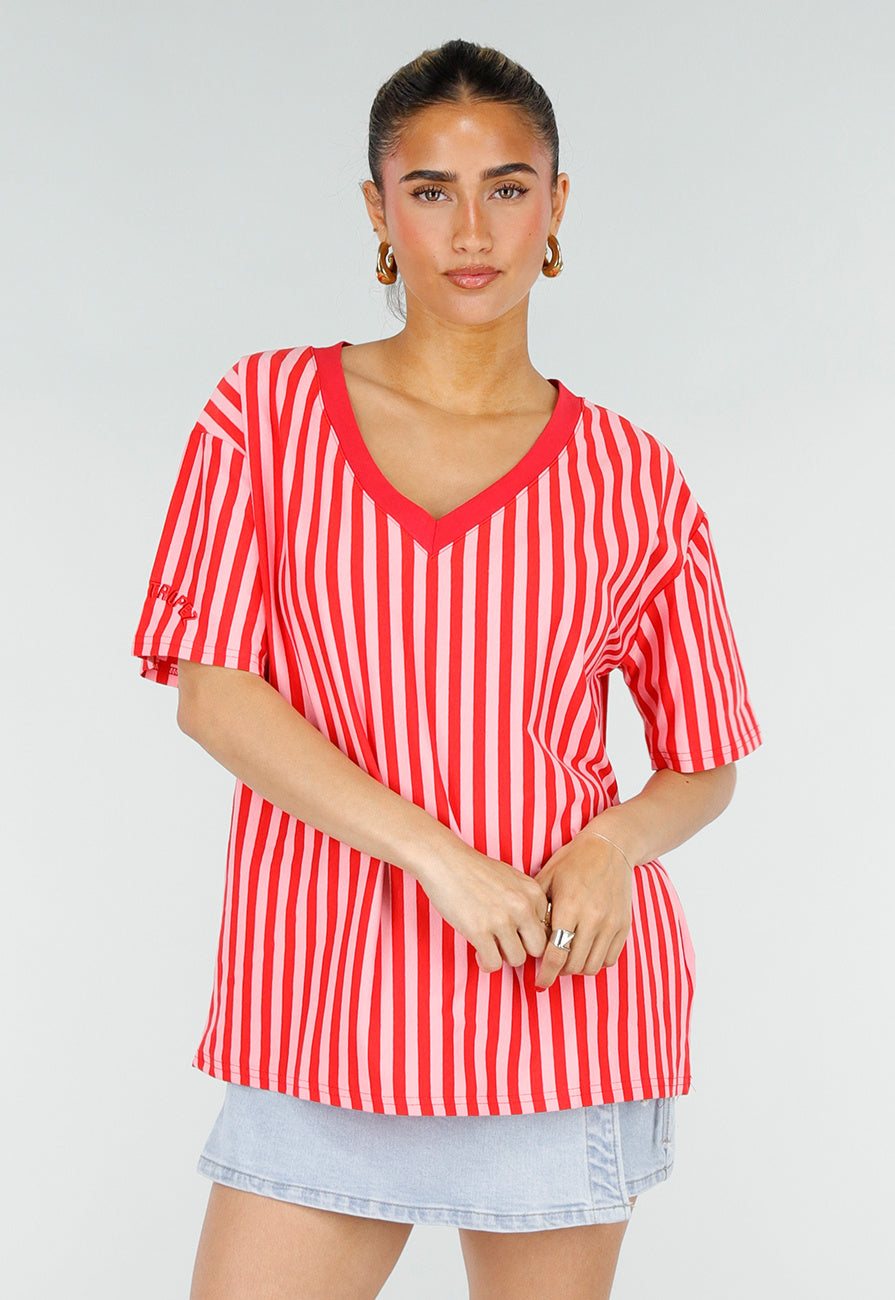 Roze Rode Gestreepte Oversized T-shirt met V-hals