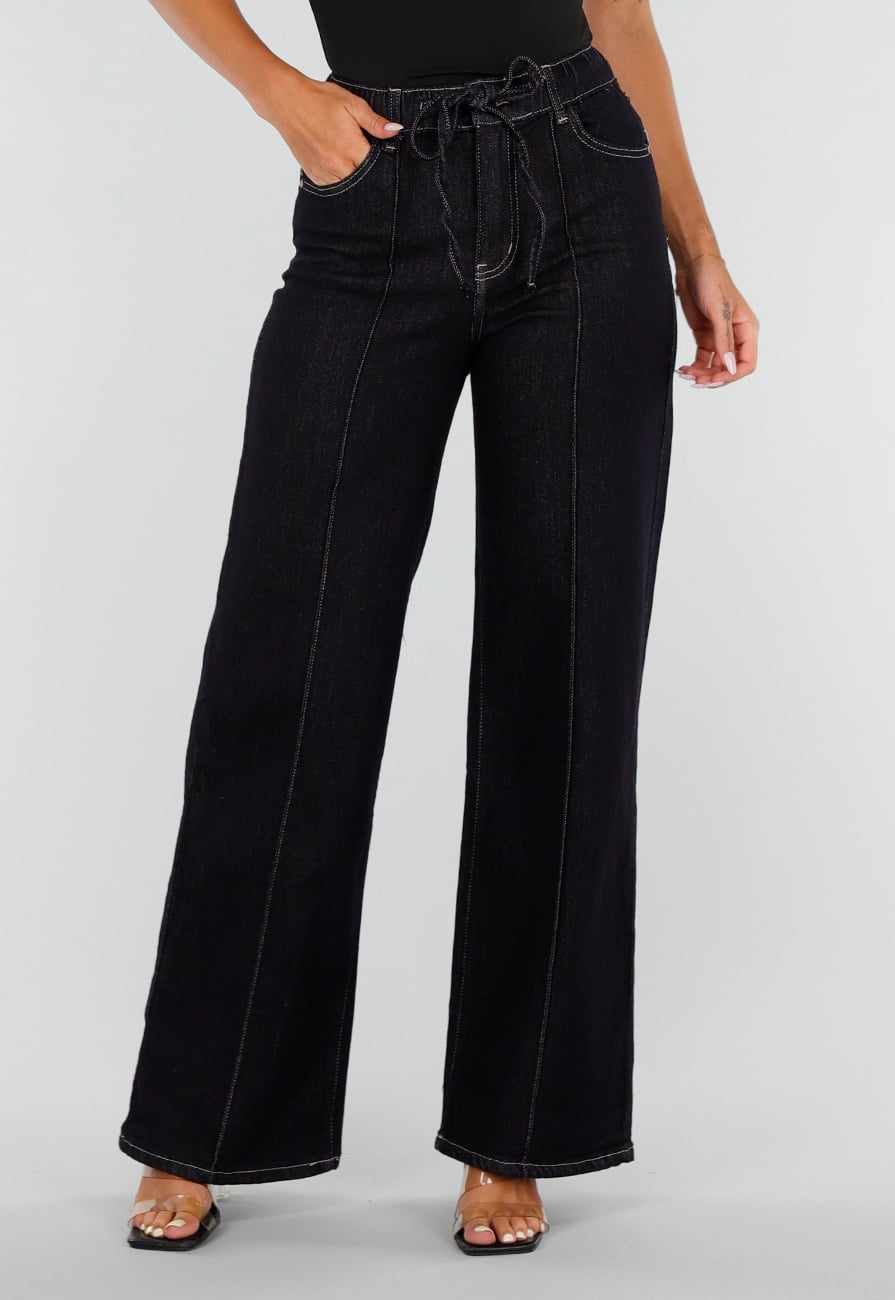 Donkerblauwe Denim Stretch Jeans met Straight Leg en Taillekoord