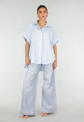 Lichtblauwe Gestreepte Oversized Blouse met Kraag en Korte Mouwen