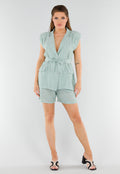 Lichtgroene Linnenlook Blazerset met Short, Zakken en Ceintuur