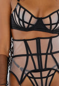 Zwarte Lingerie Set met Mesh Verstelbare Bandjes en Choker Detail