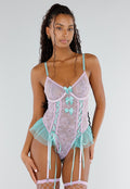 Lila Kanten Lingerie Set met Mintgroene Strikken Tule Details en Netkousen