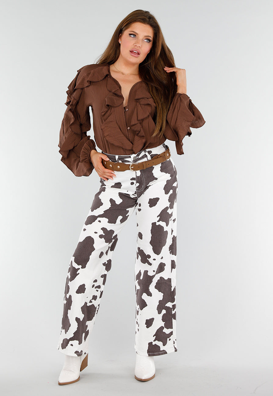 Bruine Blouse met Volants en Losvallende Ballonmouwen