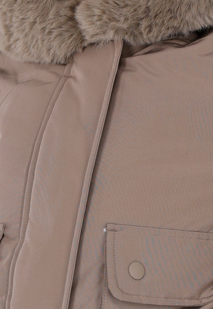 Taupe Korte Jas met Imitatiebontkraag
