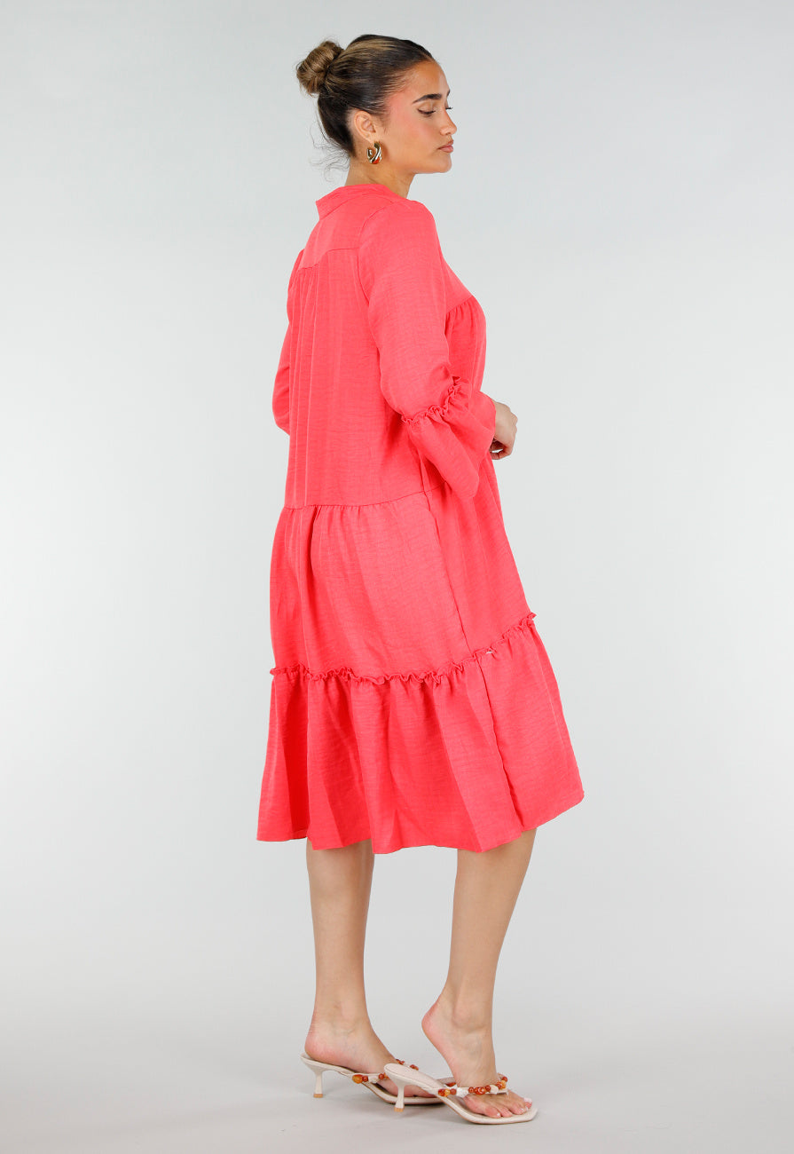 Roze Midi Jurk met V-hals en Ruffle Details