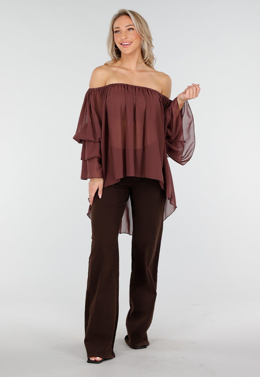 Donkerbruine Off Shoulder Blouse met Wijde Mouwen en Volant