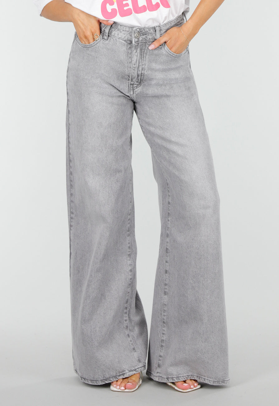 Grijze Extra Wide Leg Jeans met Hoge Taille en Rechte Pijpen
