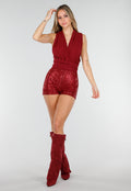 Bordeauxrode Pailletten Playsuit met Open Rug en Strikdetail