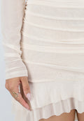 Beige Off Shoulder Mesh Jurk met Asymmetrische Zoom