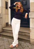 Donkerblauwe Longsleeve Top met Witte Boorden aan Hals en Mouwen