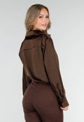 Bruine Satijnen Blouse met Lange Mouwen en Knoopsluiting