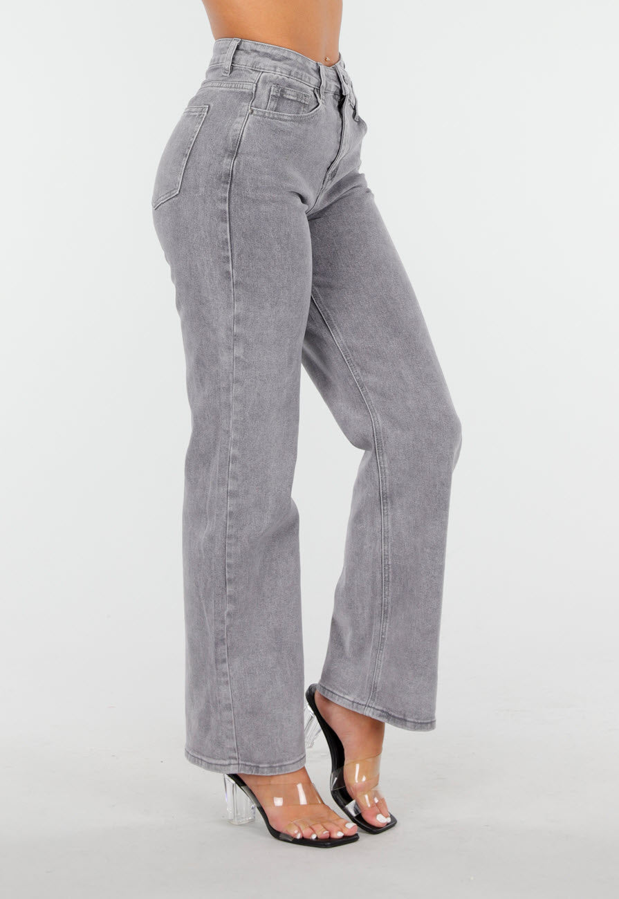Grijze High Waist Straight Jeans met Licht Gewassen Look