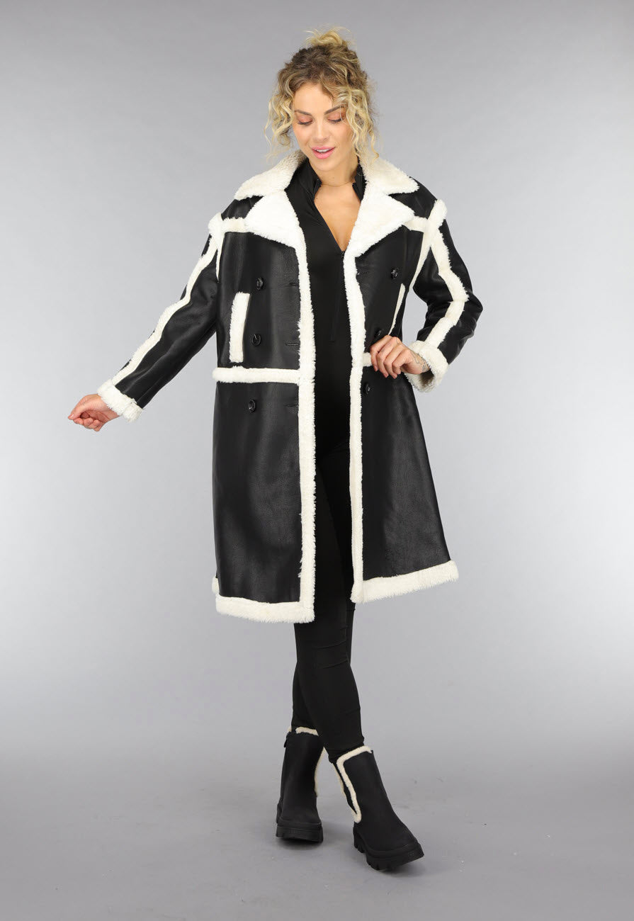 Zwarte Lange Lederlook Teddy Mantel Jas
