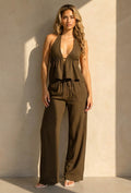 Bruine Halter Top en Wide Leg Broek Set