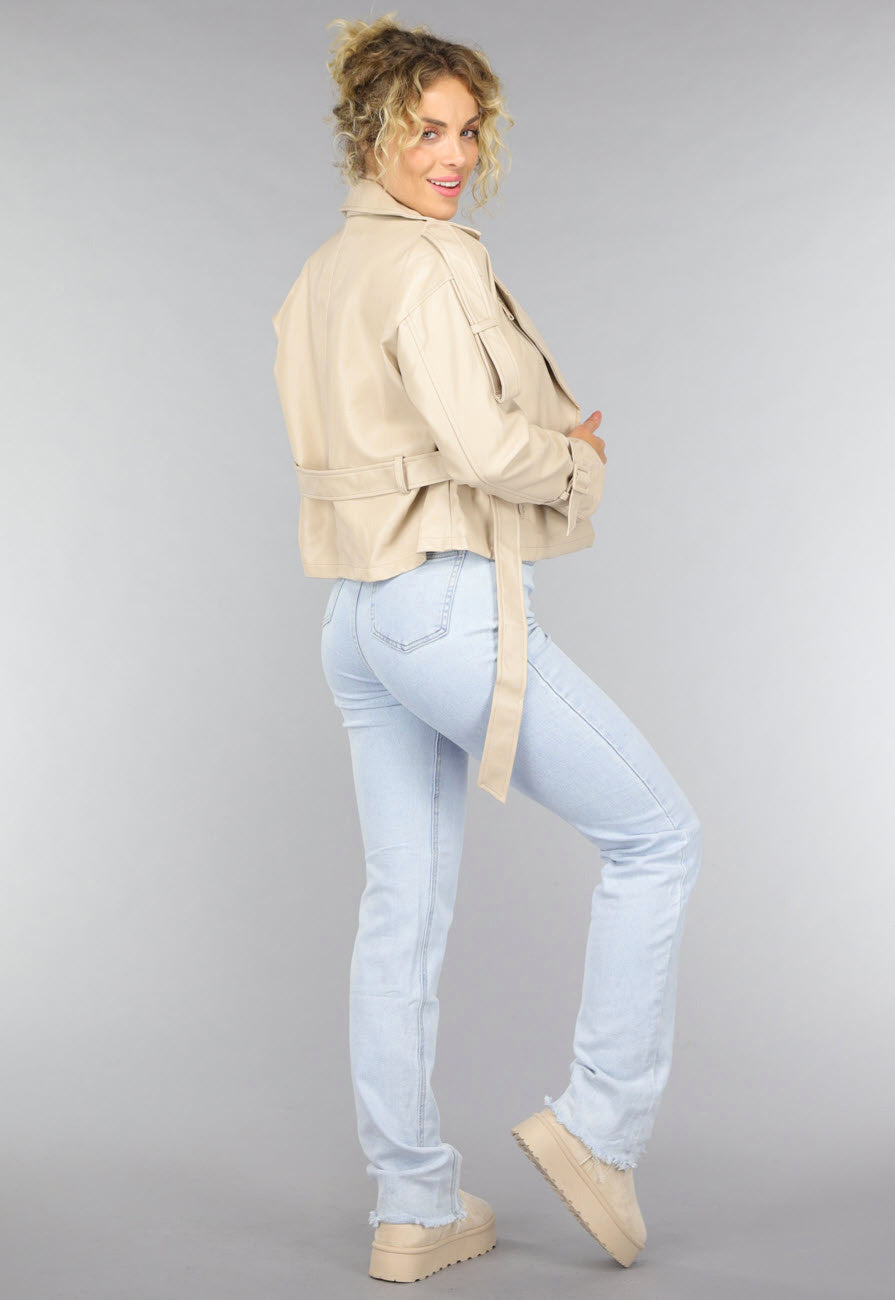Beige Lederlook Jack met Riempjes