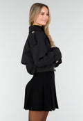 Zwarte Korte Trenchcoat met Knopen en Reverskraag