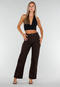 Donkerbruine Denim Straight Leg Jeans met Zwarte Stippen en Hoge Taille