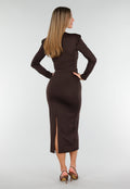 Bruine Midi Jurk met Lange Mouwen en Goudkleurige Ringdetail