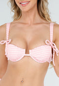 Roze Geruite Beugel Bikinitop met Ruches en Schouderstrikjes