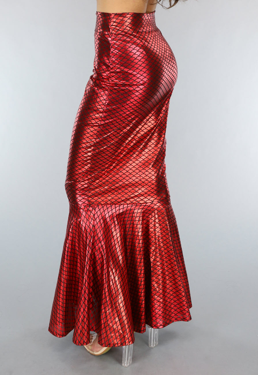 Metallic Zeemeermin Rok in Rood met Schubbenpatroon