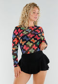 Zwarte Mesh Playsuit met Vlinderprint en Open Rug
