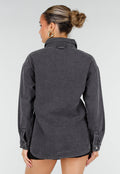 Donkergrijze Denim Blouse met Drukknoopsluiting en Lange Mouwen