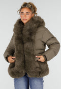 Khaki Korte Puffer Winterjas met Afneembare Bontkraag