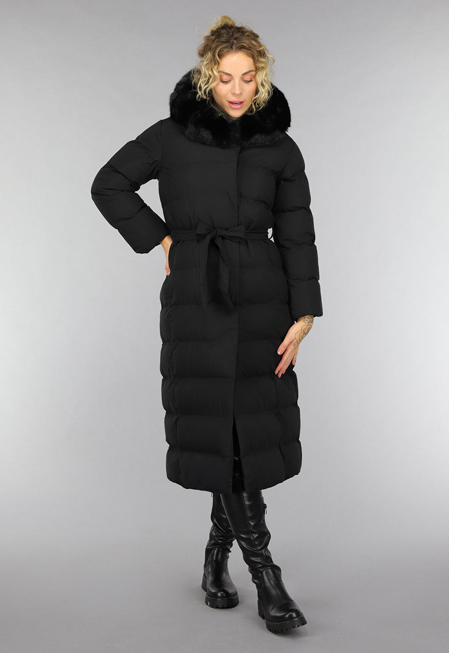 Zwarte Lange Pufferjacket met Bontkraag