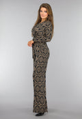 Zwarte Overslag Jumpsuit met Bruin Ruit Patroon