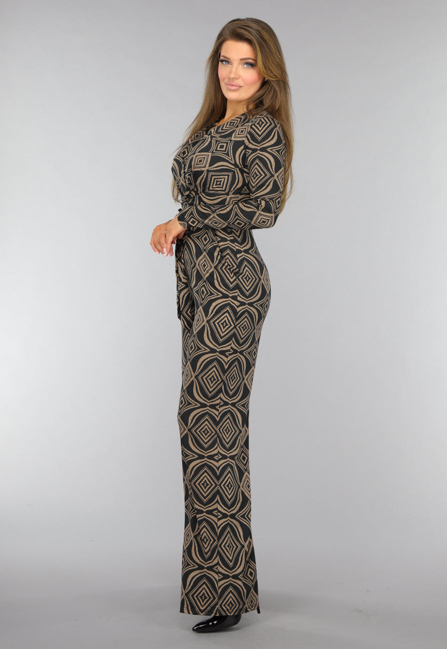 Zwarte Overslag Jumpsuit met Bruin Ruit Patroon