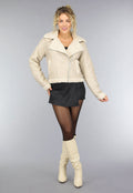 Beige Lederlook Jas met Teddy Voering
