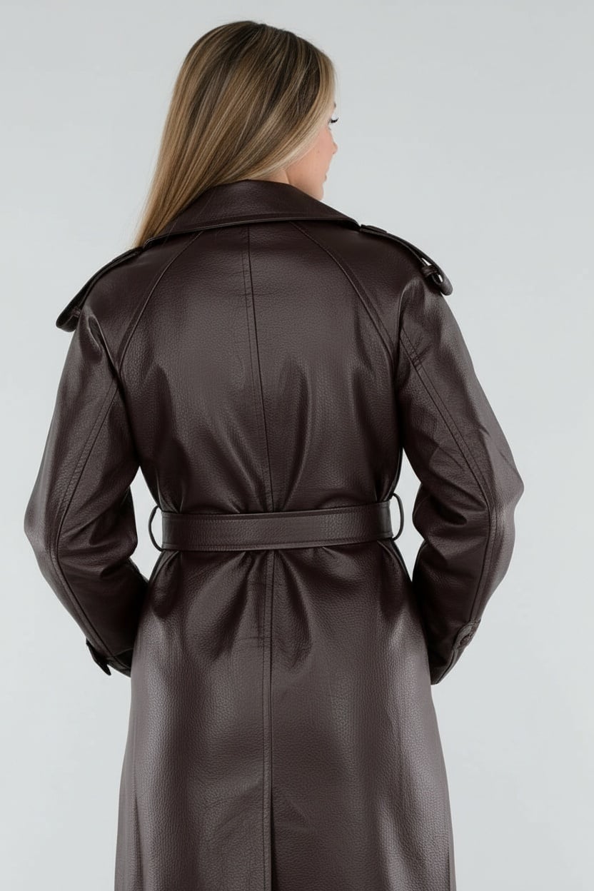 Bruine Lange Lederlook Trenchcoat met Ceintuur en Revers