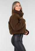 Bruine Teddy Puffer Jas met Hoge Kraag en Capuchon
