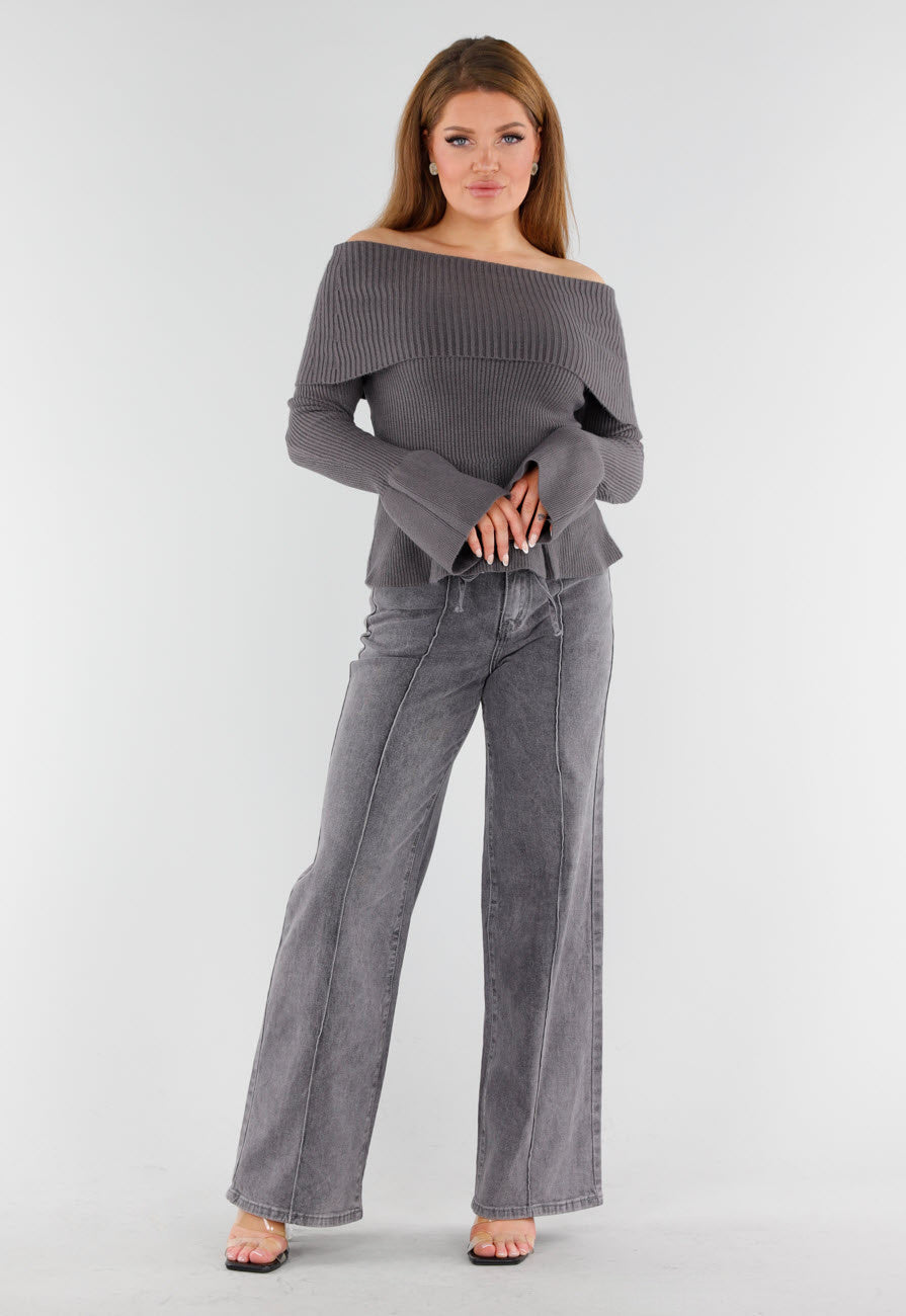 Grijze Off Shoulder Gebreide Trui met Uitlopende Mouwen