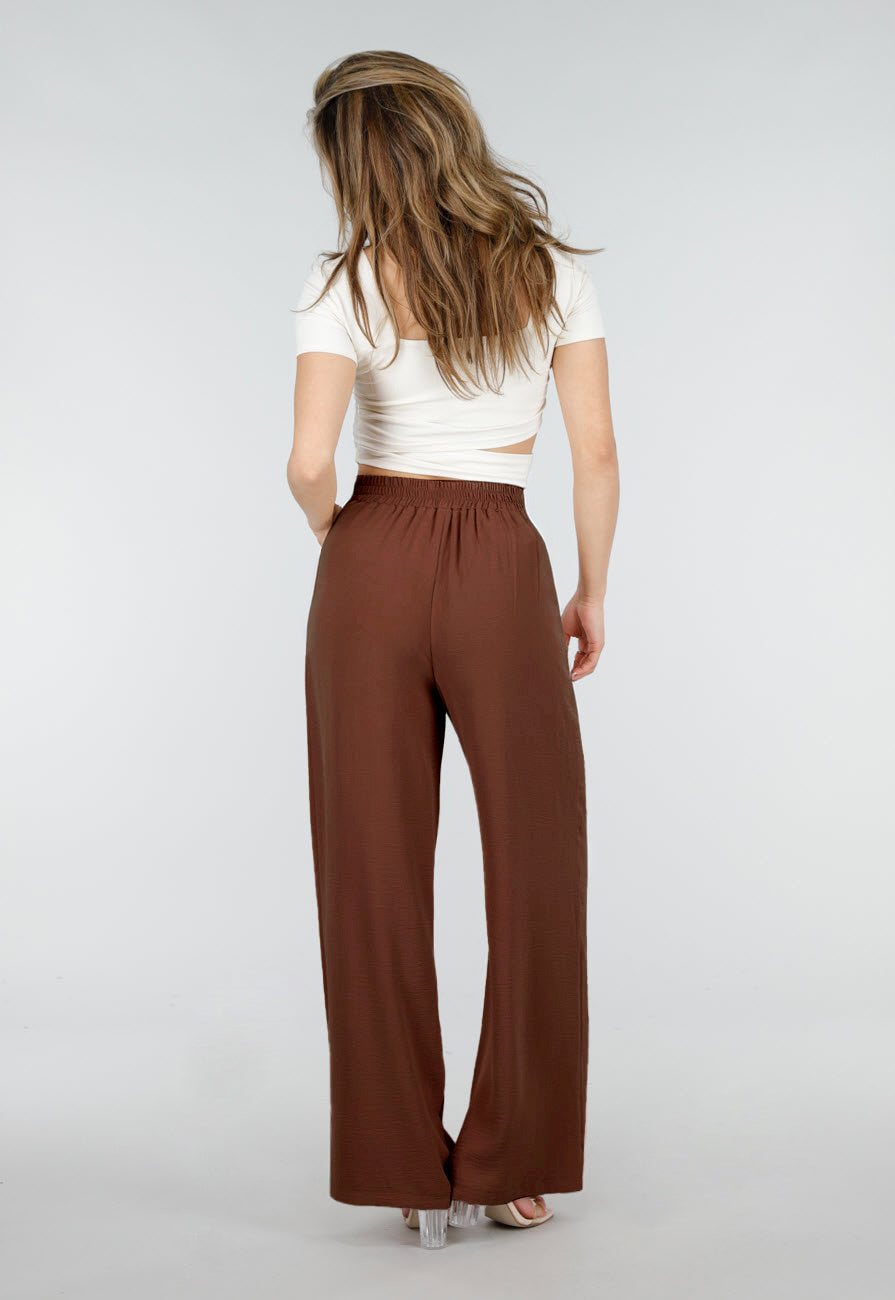 Petite High Waist Bruine Linnen Look Broek met Tailleband