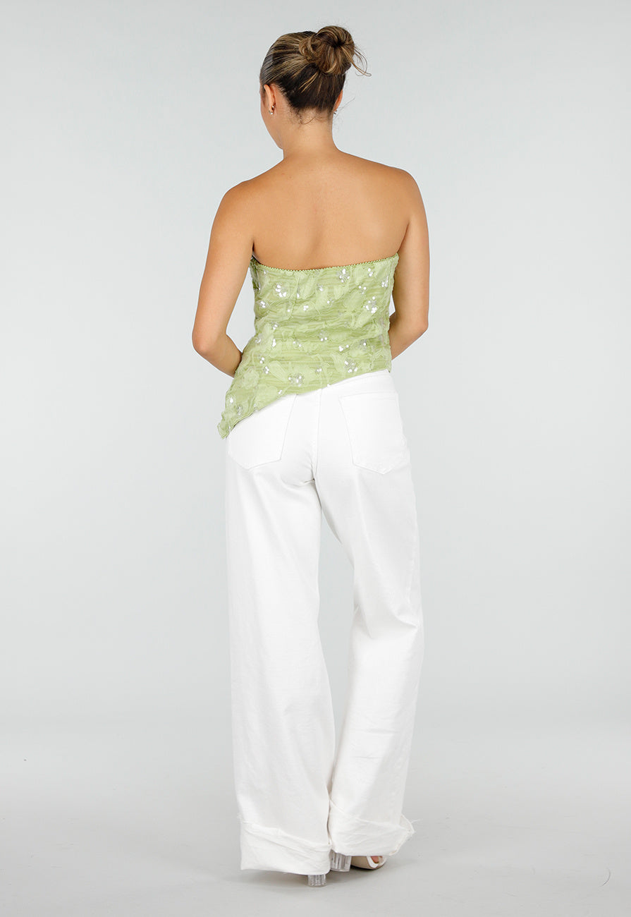 Olijfgroene Strapless Top met Pailletten, Bloemenpatroon en Blinde Rits