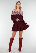 Bordeaux Off Shoulder Trui met Fair Isle Motief en Lange Mouwen