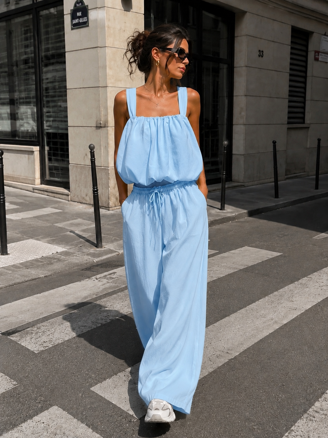 Lichtblauwe Stretch Two Piece Set met Mouwloze Top en Wide Leg Broek