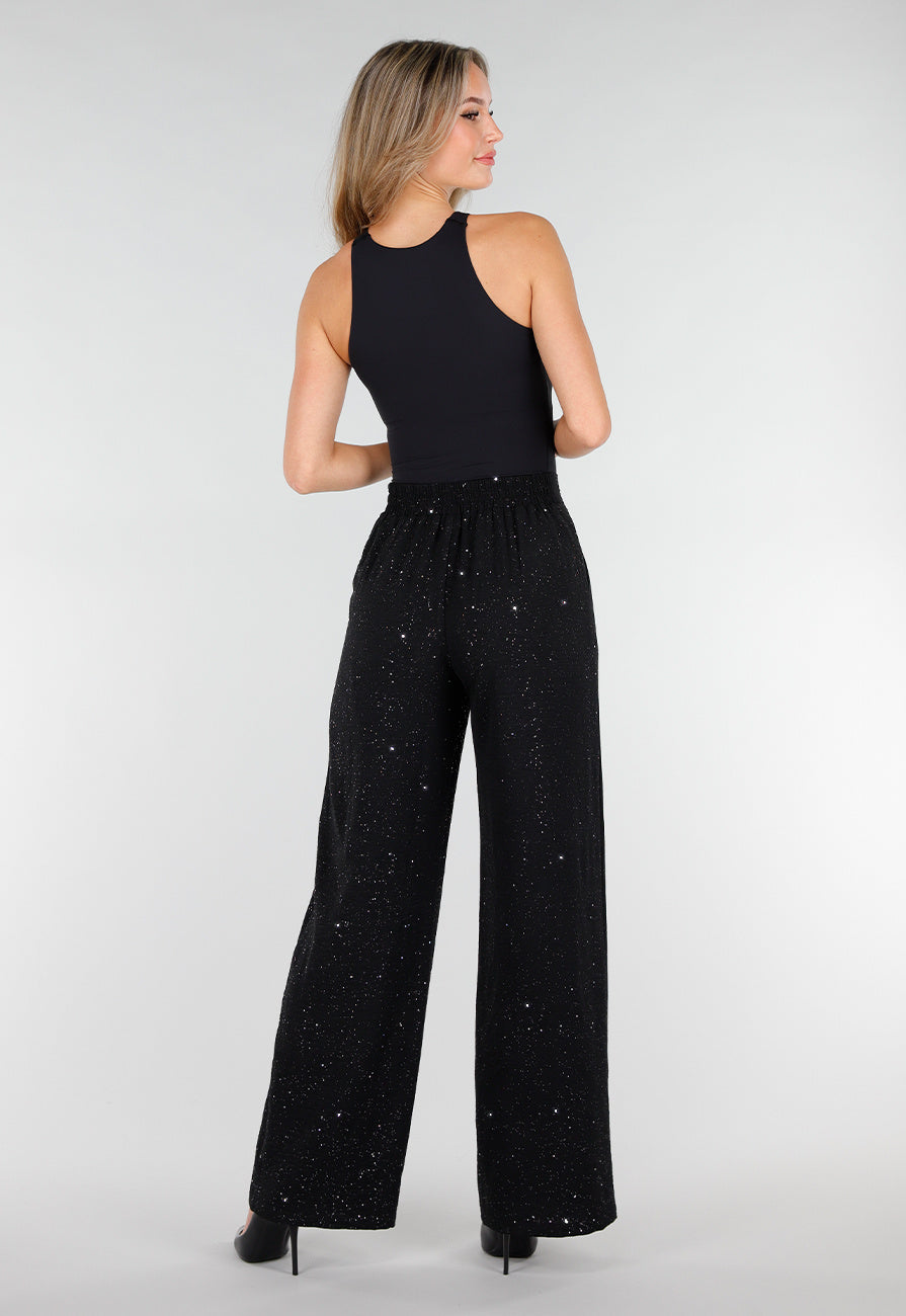 Zwarte Linnenlook Glitter Pantalon  met Stretchband