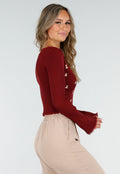 Bordeaux Stretch Rib Top met Teddybeertjes en Vierkante Halslijn