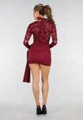 Bordeaux Kant Jurk met Lange Mouwen en Gedrapeerd Detail