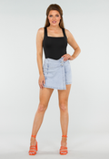 Lichtblauwe Stretch Denim Skort met Overslag en Achterzakken