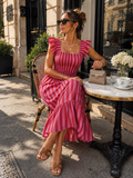 Roze Gestreepte Midi Jurk met Smockdetail en Ruffle Mouwen