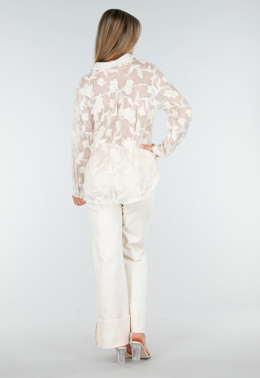 Beige Doorschijnende Blouse met Bloemenborduursel en Lange Mouwen