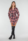 Roze Geruite Blouse Jurk met Strikmouwen