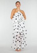 Witte Maxi Jurk met Zwarte Stippen en Volants