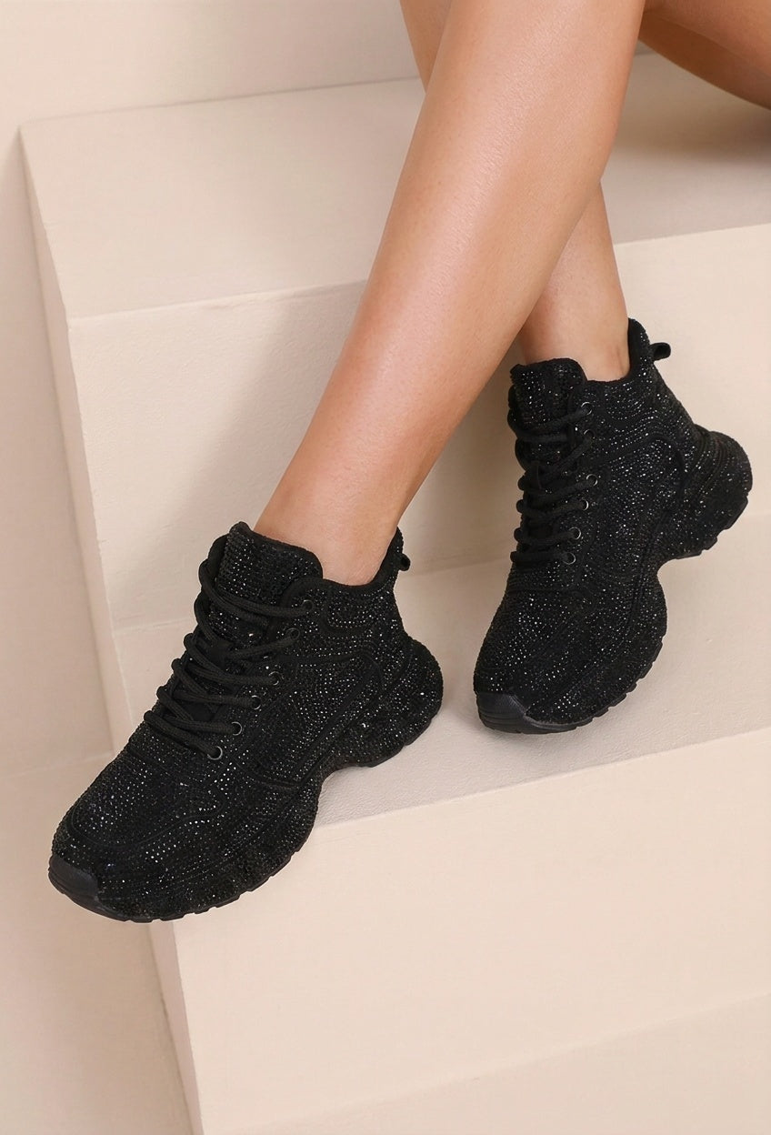 Zwarte Sneakers met Strass en Chunky Zool