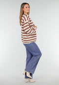 Gestreept Gebreid Vest in Bruin en Wit met Losvallend Model