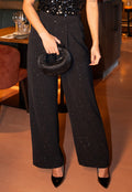 Zwarte Linnenlook Glitter Pantalon  met Stretchband